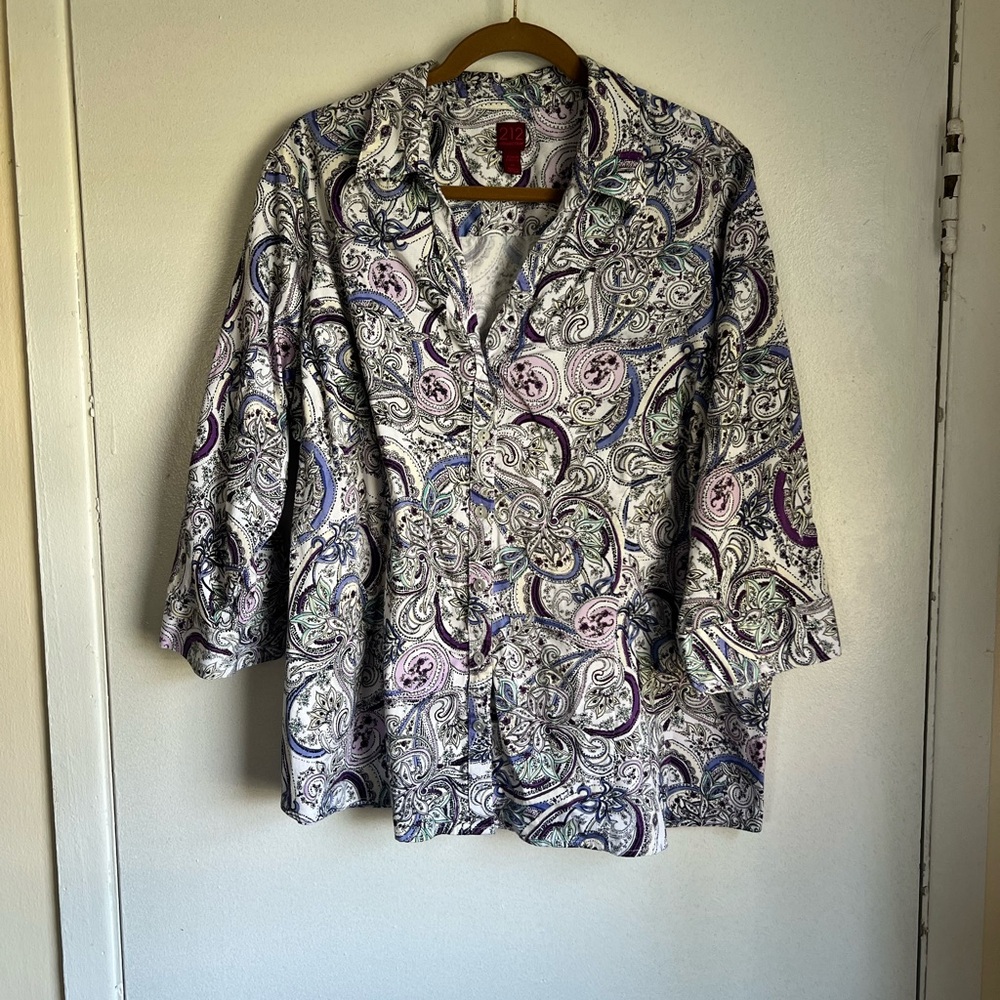 212 Collection Purple and White Paisley Button Down Blouse 3/4 Sleeve Size 3X
